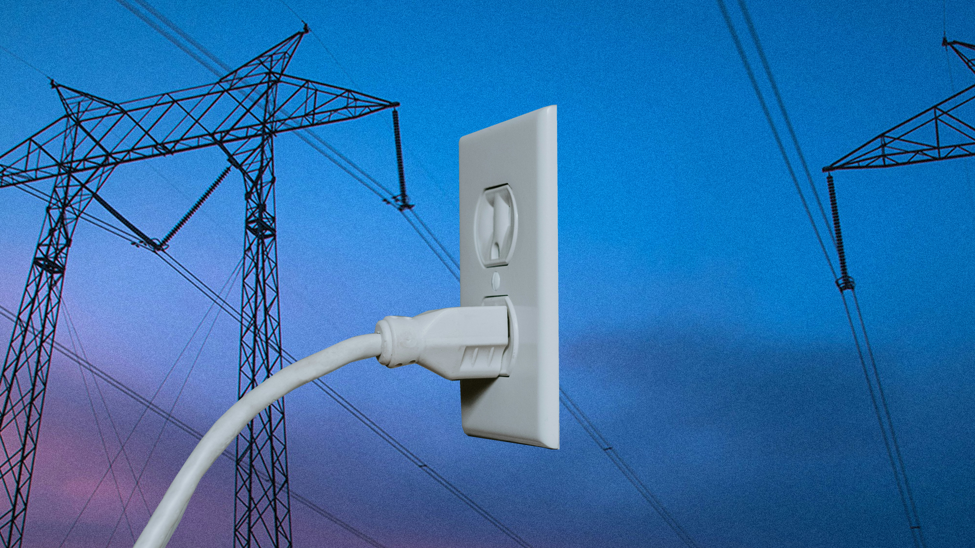 An outlet with a picture of a powerline in the background